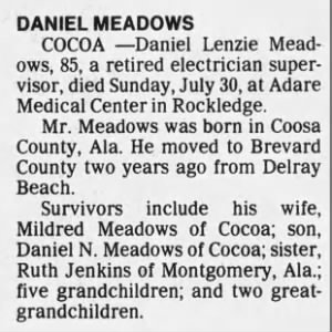 Obituary for Daniel Lenzie Meadows, 30 Jul 1989, Rockledge, Brevard, Florida, USA